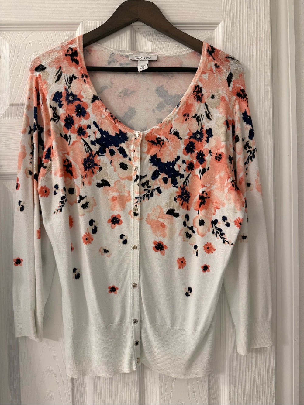 White House Black Market White Cardigan with Coral and Navy Floral Design